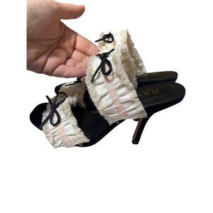 Raye 6.5 Black Heels W/ Ivory & Pink Ruffle Straps And‎ Bow Accents